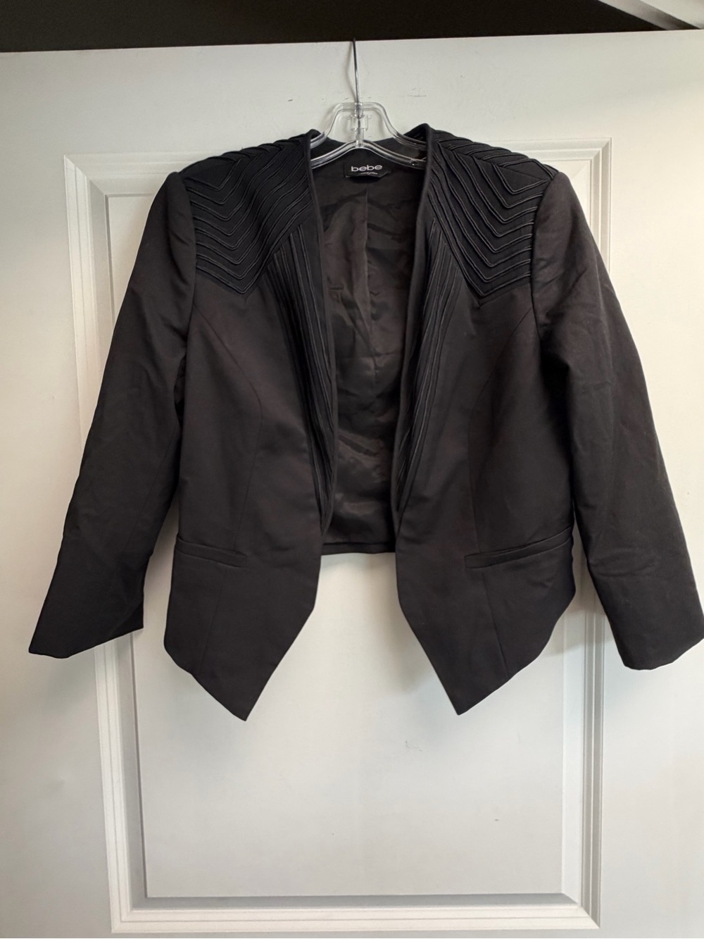bebe Black Open Front Structured Blazer with Pleated Shoulder Detail